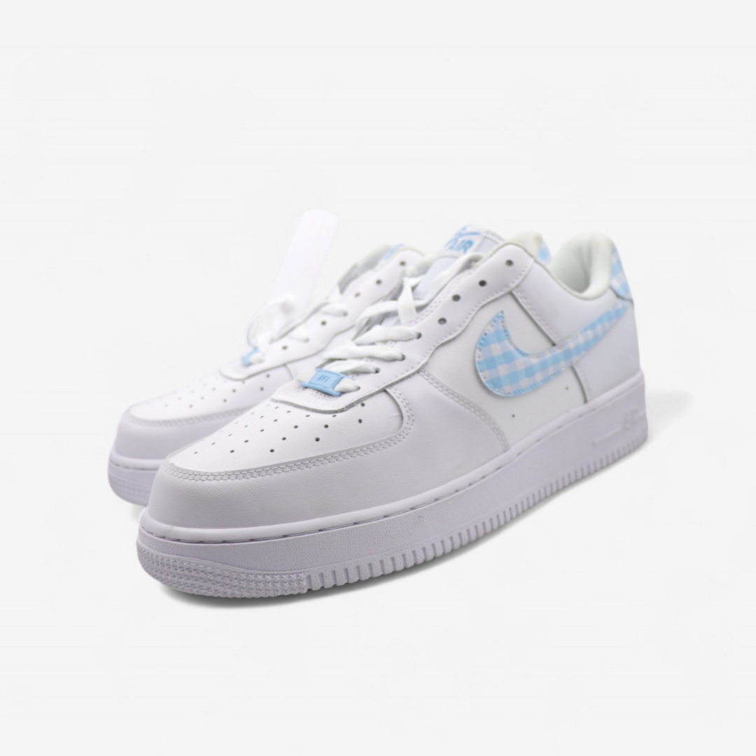Blue Gingham Swoosh Custom Sneakers – Minimal Chic Edition